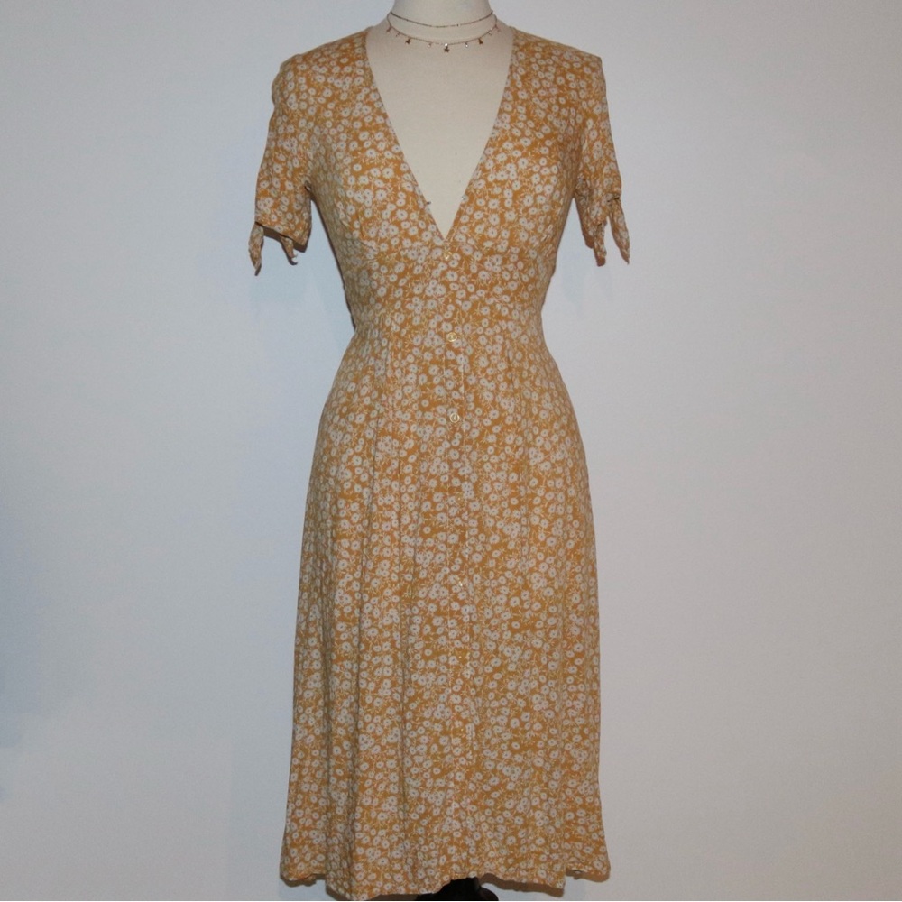 Yellow floral midi dress with buttons